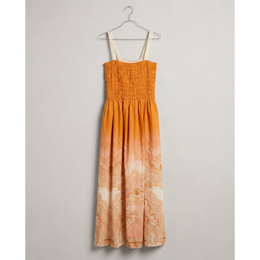 Free People Maxi Dress Orange Ombre Paisley Smocked Sz XS Boho Crochet Strap